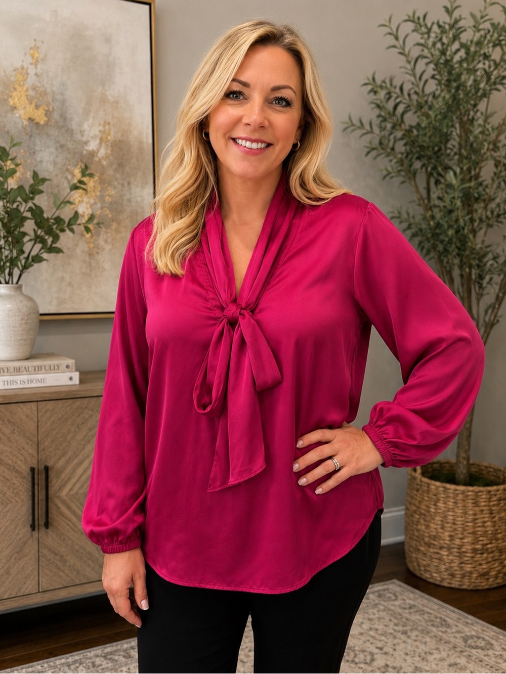 Bar III Fuchsia Tie-Neck Satin Blouse